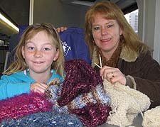 Carmel Mooney and daughter on knitting train